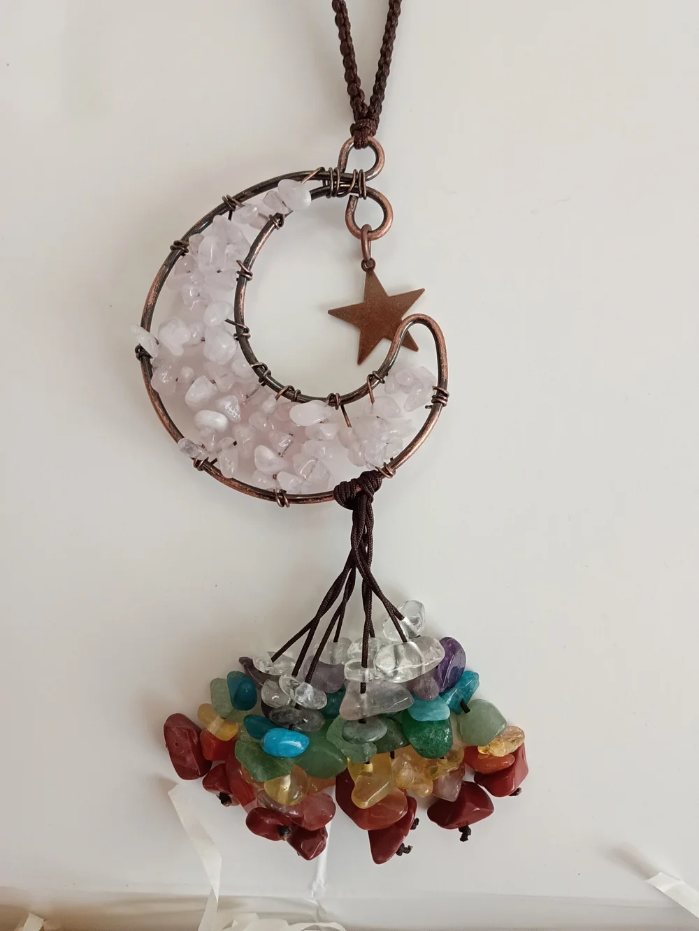 Rose Quartz Crescent Moon Hanging Chakra Multicolor Gems